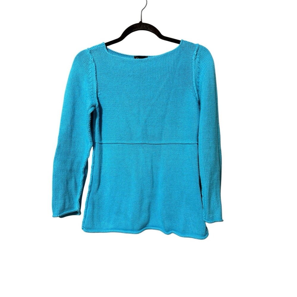 Pure Handknit Turquoise Cotton Knit Sweater XS Small Boat Neck
